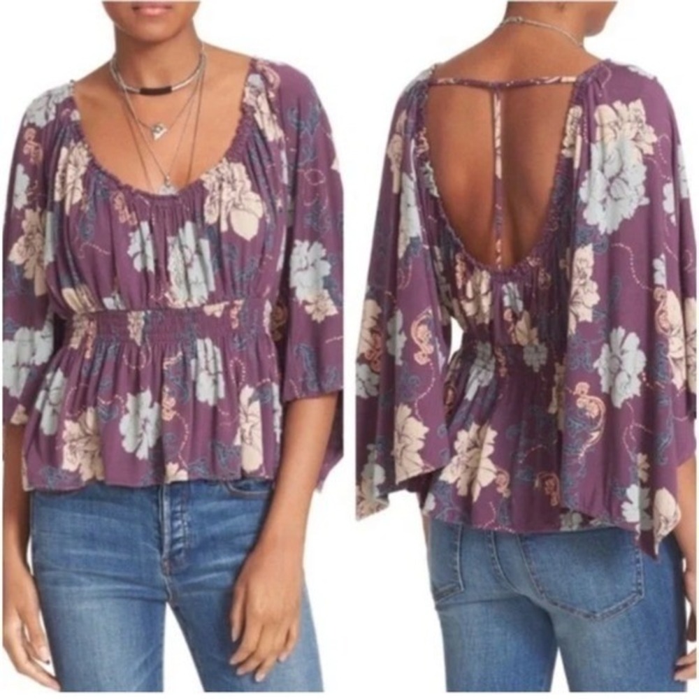 Free People Floral Smocked Blouse Top Women's Size Small Purple Open Back Boho